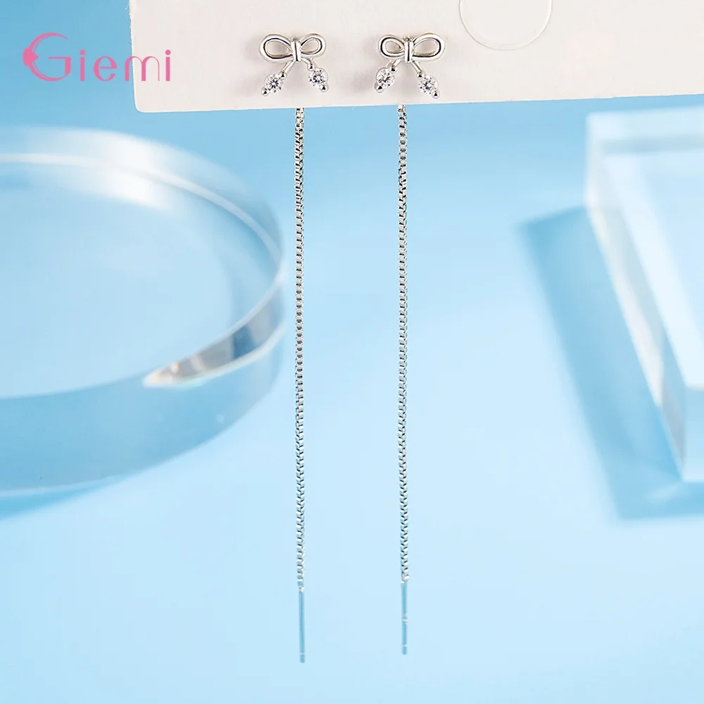 Bowknot نمط الأقراط شرابة طويلة حقيقية 925 فضة انخفاض الأقراط هدية للنساء المجوهرات الأصلية الجميلة