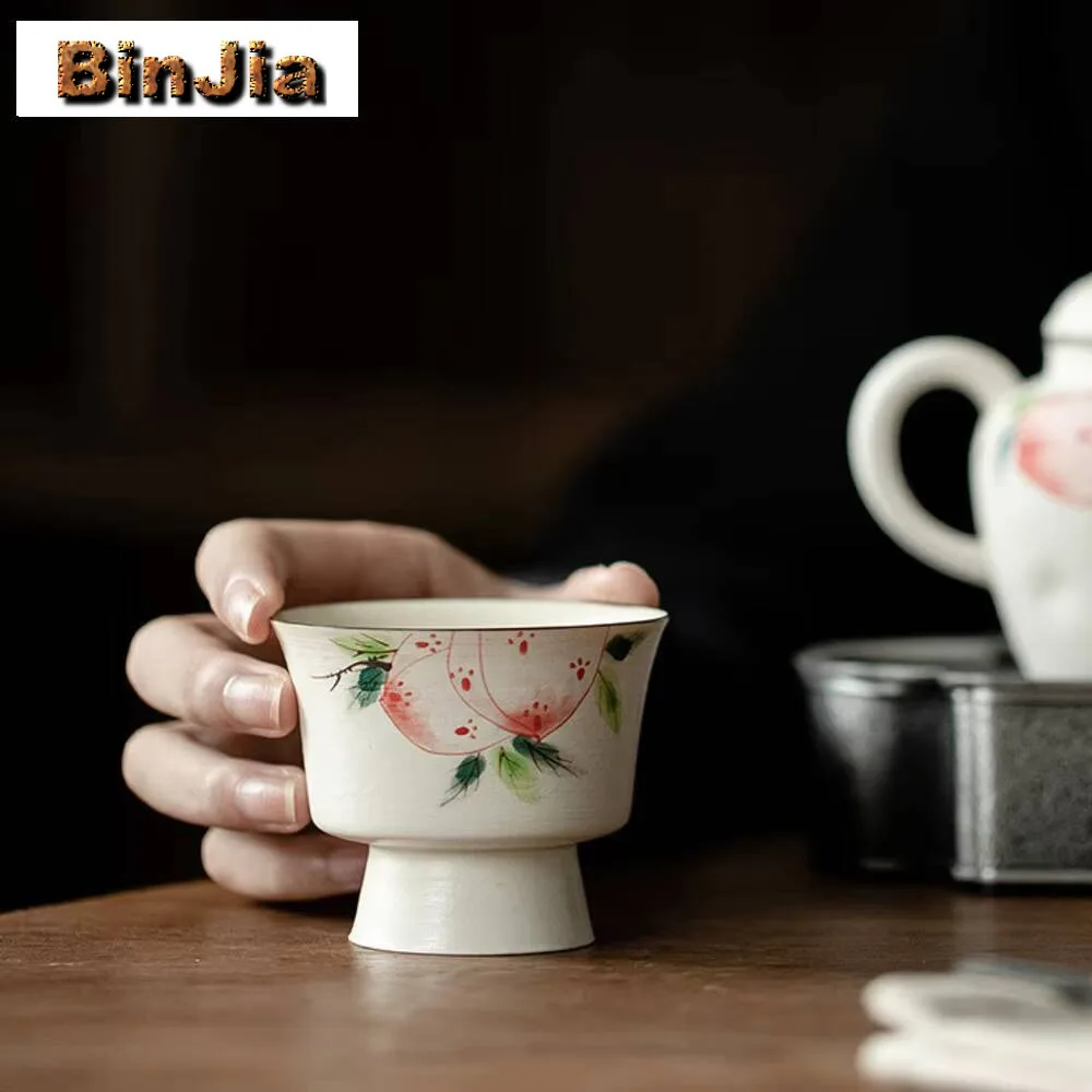 

2 шт./компл., китайская чайная чашка Инь с порошком, ручная роспись, долголетие, персик, чашка Мастера, вода, луна, маленькая чайная чаша с высокой ножкой, чайная посуда, ремесло, 70 мл