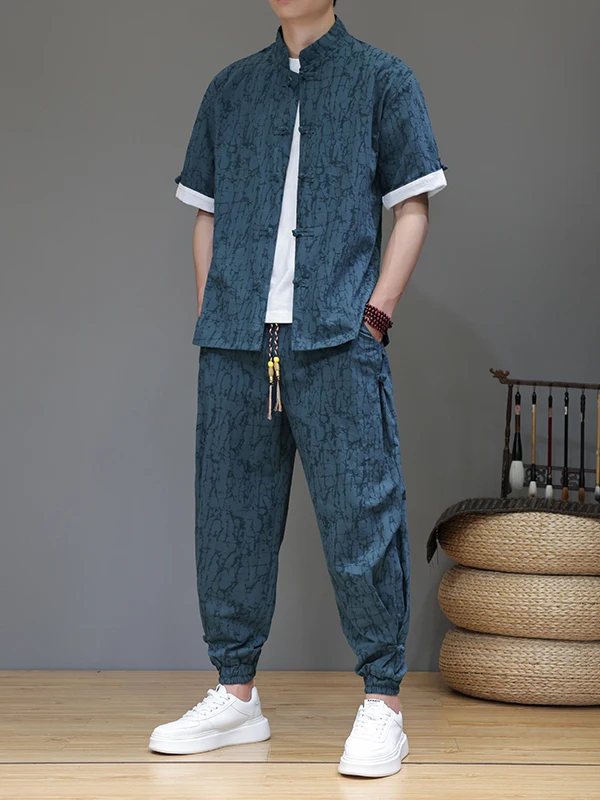 

Новый летний тонкий костюм из хлопка и льна в китайском стиле, свободный, больших размеров, с вышивкой, из двух предметов, мужской, дышащий