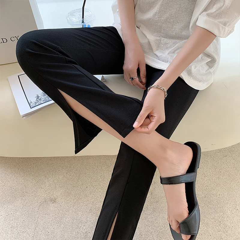 Women's Black Slit Suit Pants High Waist Ankle Length Pants Slim Stretch Flared Trousers Summer Fashion Female Pants S-3xl