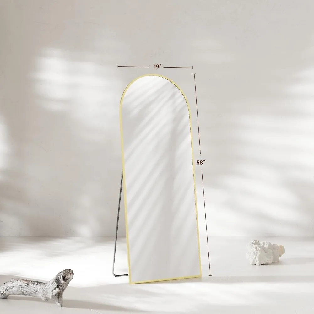 Large Gold Tempered Glass Arched Floor Mirror with Stand, Wall Hanging or Freestanding Body Length Mirrors for Home Décor