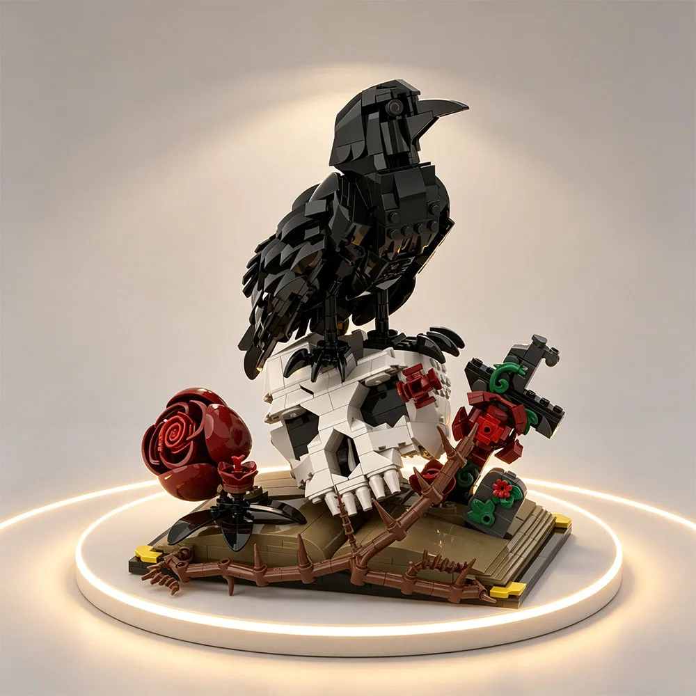 Moc Shop 766PCS Skull Roses Bouquet Bricks Model Gothic Crow Skull Flowers Decorate Building Blocks Cross Festival Party Gifts