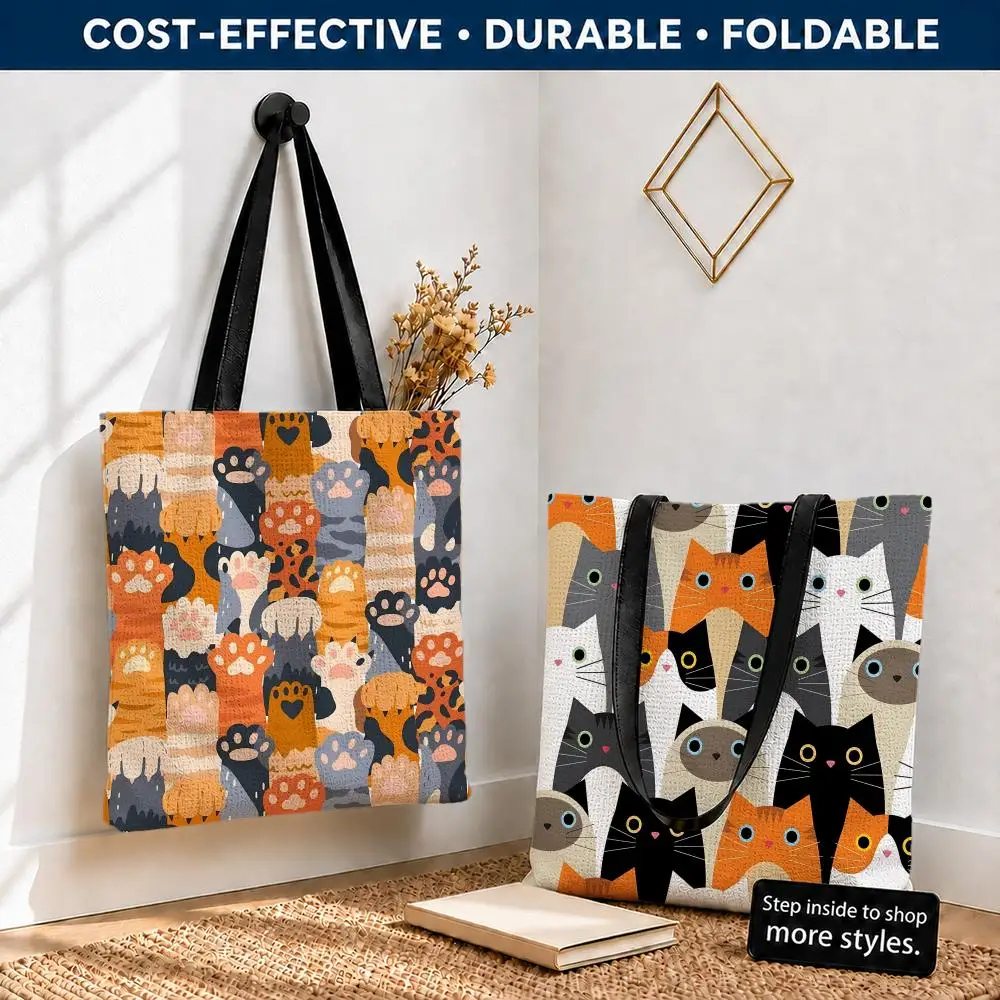 FlatCuteCat Storage Bags Polyester Canvas Tote Lightweight Foldable Reusable Shopping Bag Shoulder Straps