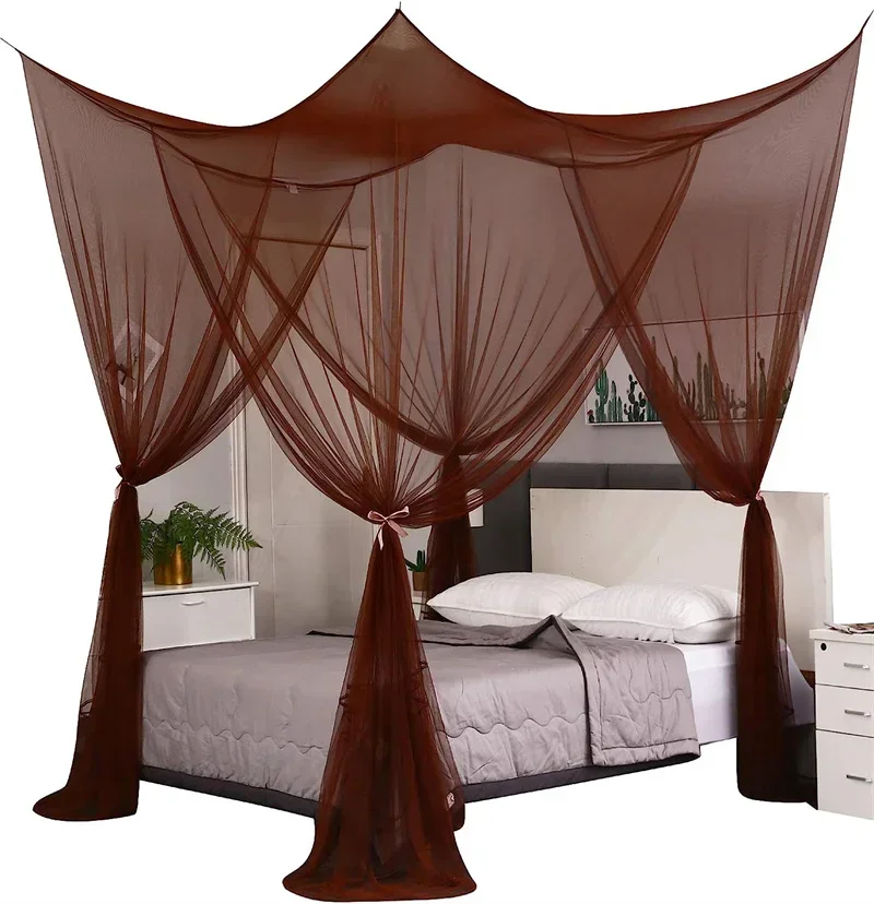 Luxurious Four-Door Big Bedroom Decor Mosquito Net Canopy - King/Queen Double Size, Fashion Coffee Color Netting Bedroom Decor