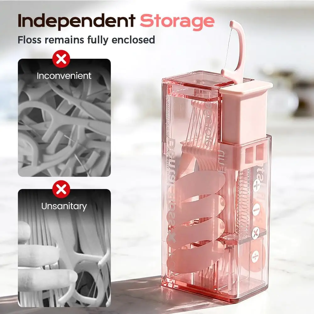 2Pcs 2026 Design Automatic Ejectable Floss Picks Dispenser, Refillable Portable Oral Care Organizer with 10 Disposable Floss Sticks (Pink)