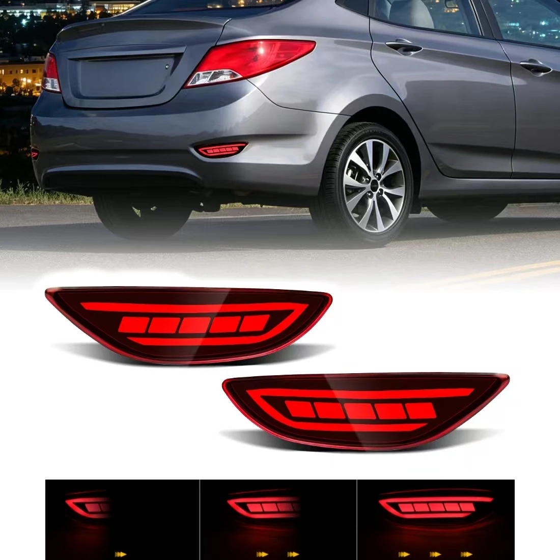 

For Hyundai Accent Verna Solaris Brio 2008-2015 LED Rear Bumper Lights Flowing Turn Signal Red Lens Reversing Tail Lamps