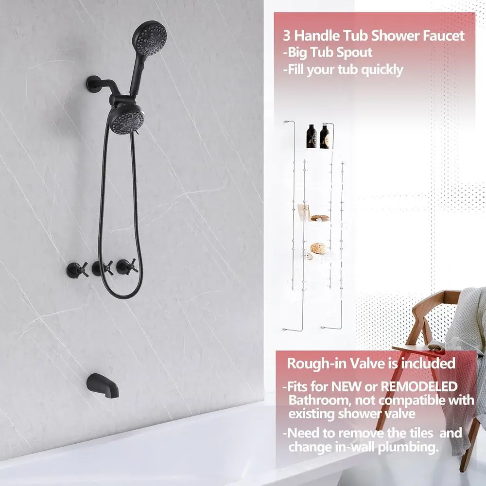 Matte Black Tub Shower Faucet Set with Spout, Trim Kit, and Valve for Bath