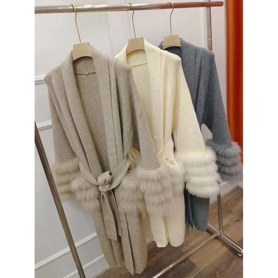 Natural Fur Coat Real Fox Fur Coat Women Wool Jacket Long Women Cashmere Cardigan With Fur New