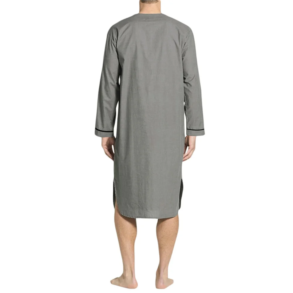 Douhoow Men Kaftan Dubai Robe Solid Color Loose Saudi Arab Long Sleeves Nightshirt with Pockets Sleepwear Nightgown