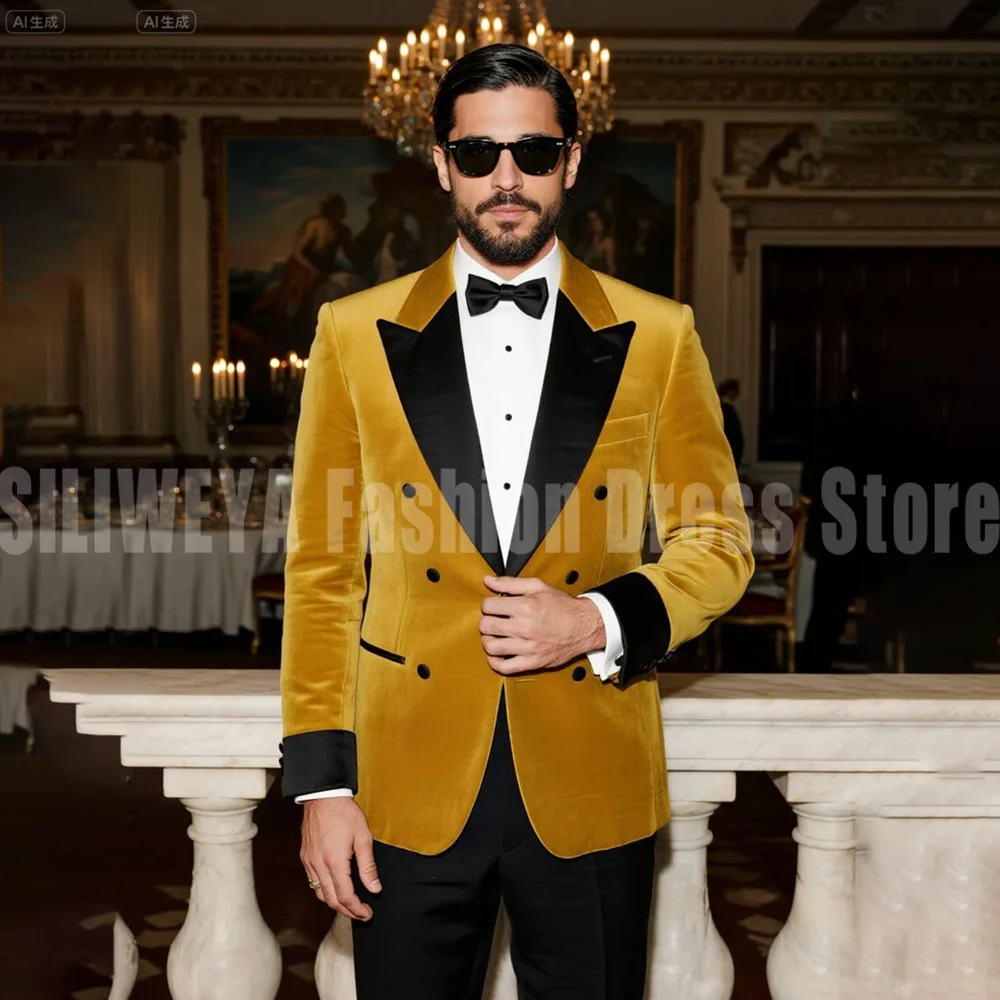 

Двубортный роскошный бархатный пиджак с пиковыми лацканами, мужской костюм, комплект из 2 предметов, куртка, брюки, официальная одежда, мужская одежда Trajes Para Hombre