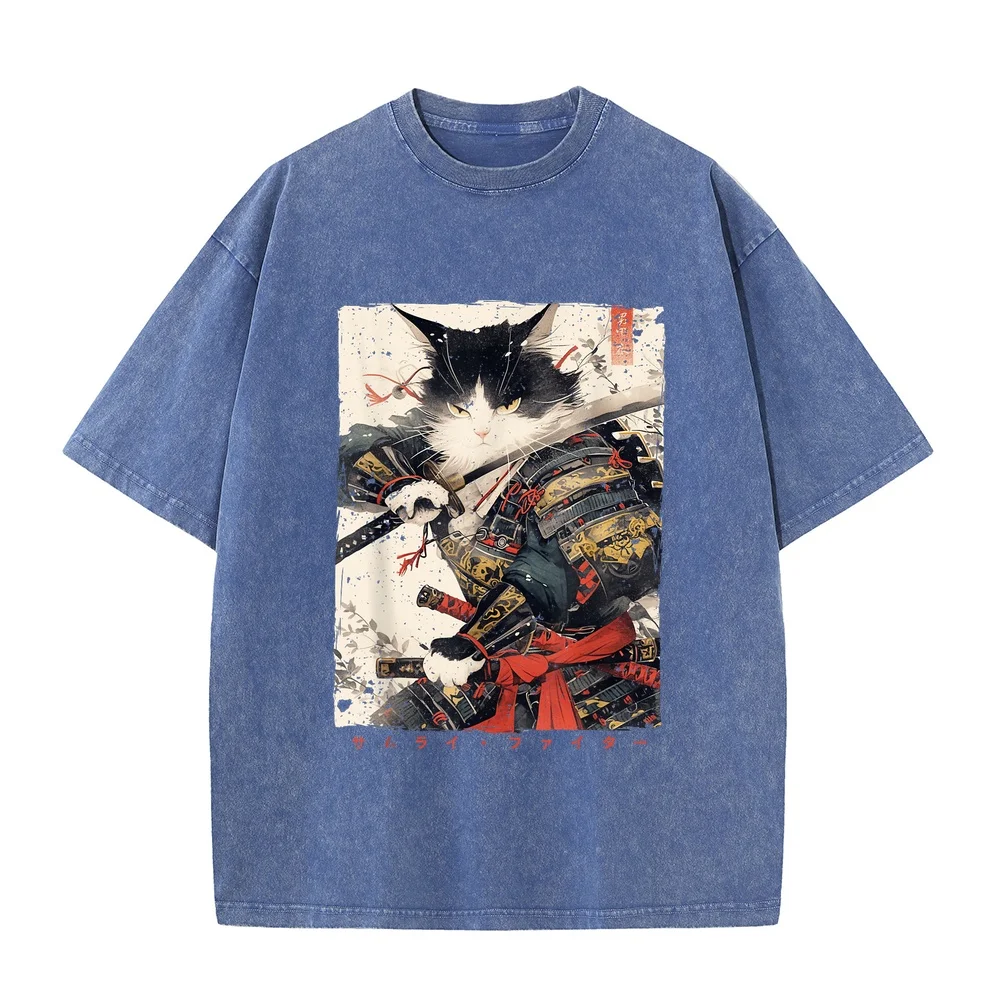 Samurai Cat Warrior Ukiyo Ink Artwork T-Shirt Men's Clothing Short Sleeve Men Full Size Women Kitten Tee Graphic Lover Pet