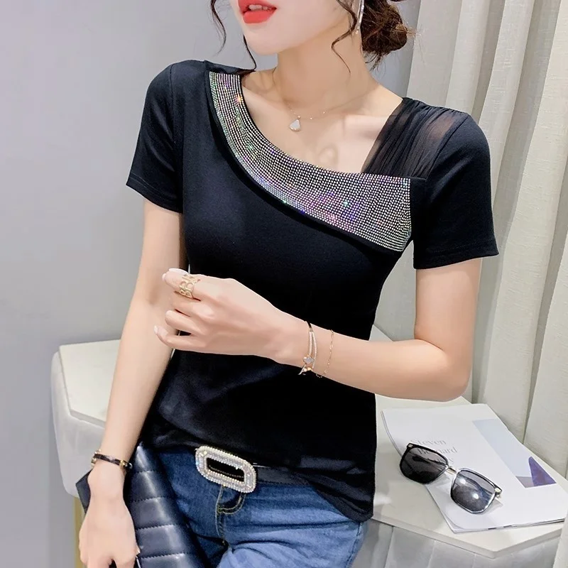 

#5519 Black White Green Spliced Mesh Short Sleeve T Shirt Women Skew Collar Diamonds Sexy Casual Woman T Shirt Cotton Summer