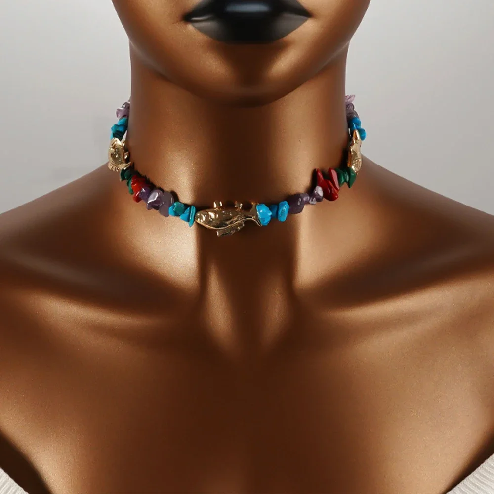 

Fish Choker Natural Stones Necklace Women Blue Color Stone Lovely Jewelry Multicolor Charm 2025 Bohemian Fashion Style