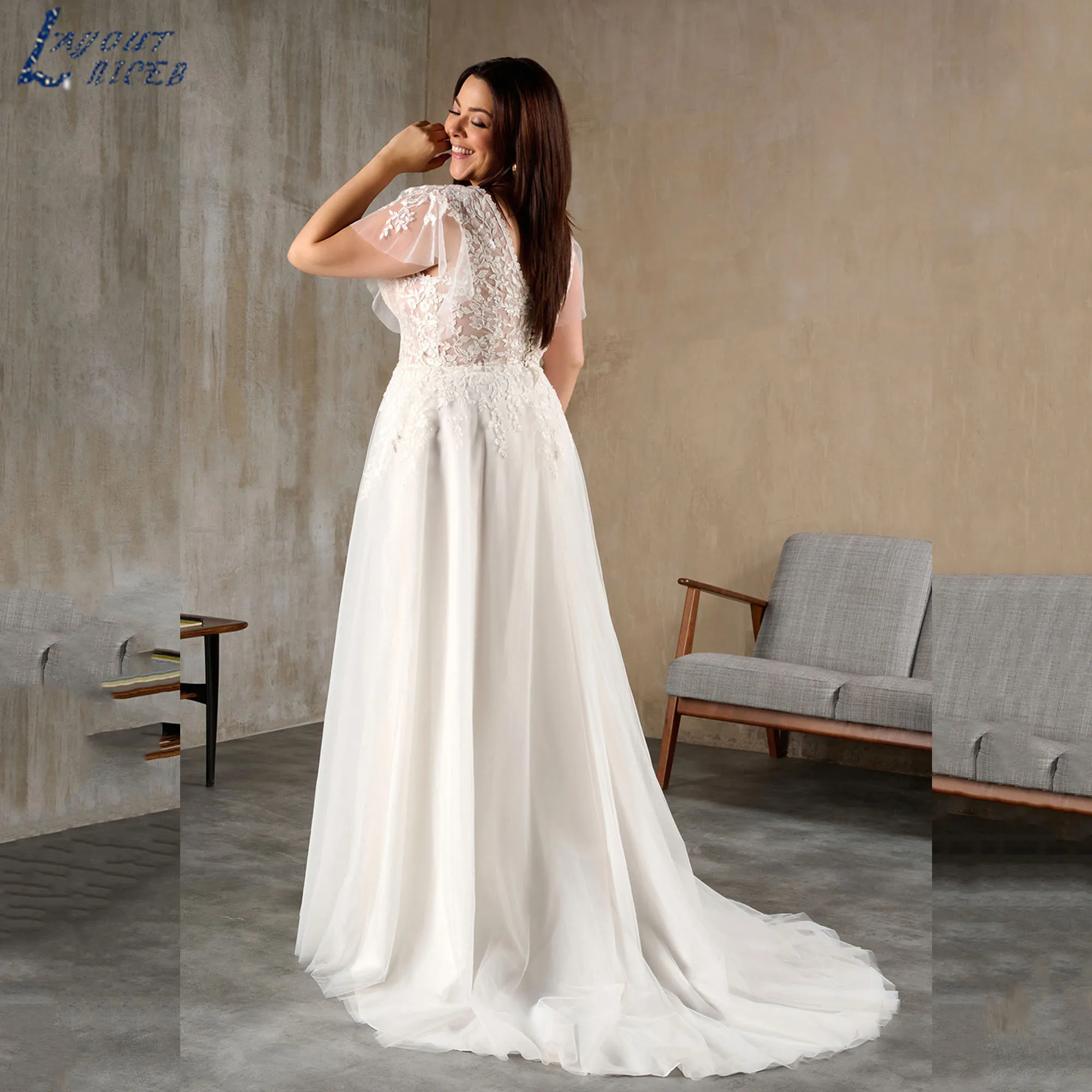 Plus Size Trouwjurken V-hals A-lijn Vleermuismouwen Tule Bruidsjurken Vintage Kant Applicaties vestidos de novia Aangepaste