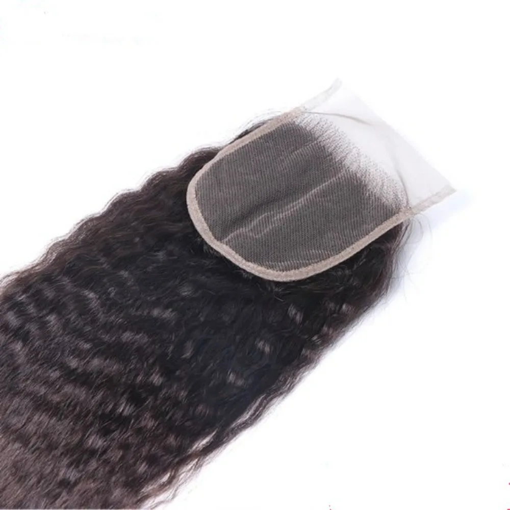 Natürliche Farbe, 4x4-Spitzenverschluss, krauses, glattes Echthaar, transparente Spitze, brasilianisches, unbehandeltes Remy-Haar, vollständig von Hand gefertigt, 150 % Dichte. – Detail 5