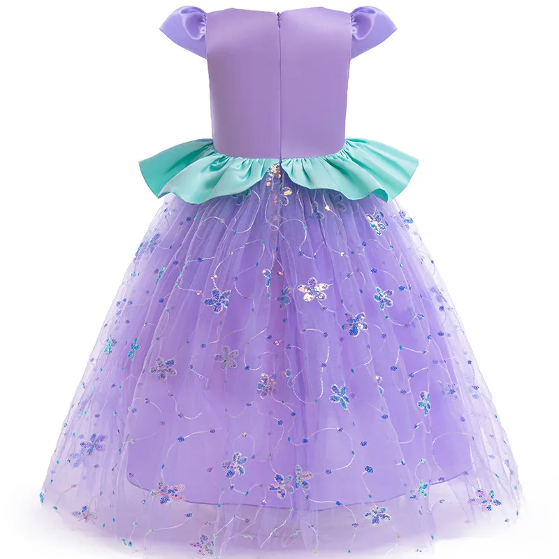 Dreamy Mermaid Costume Flower Decor Sequin Short Sleeve Princess Mesh Tutu Dress For Girl Carnival Halloween Birthday Party Gift