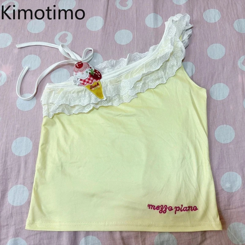 

Kimotimo Sweet Lace Splicing Embroidery Camisole Vest Women Japanese Y2k Slim Fit Outerwear Short Tank Top Vintage Ropa Mujer