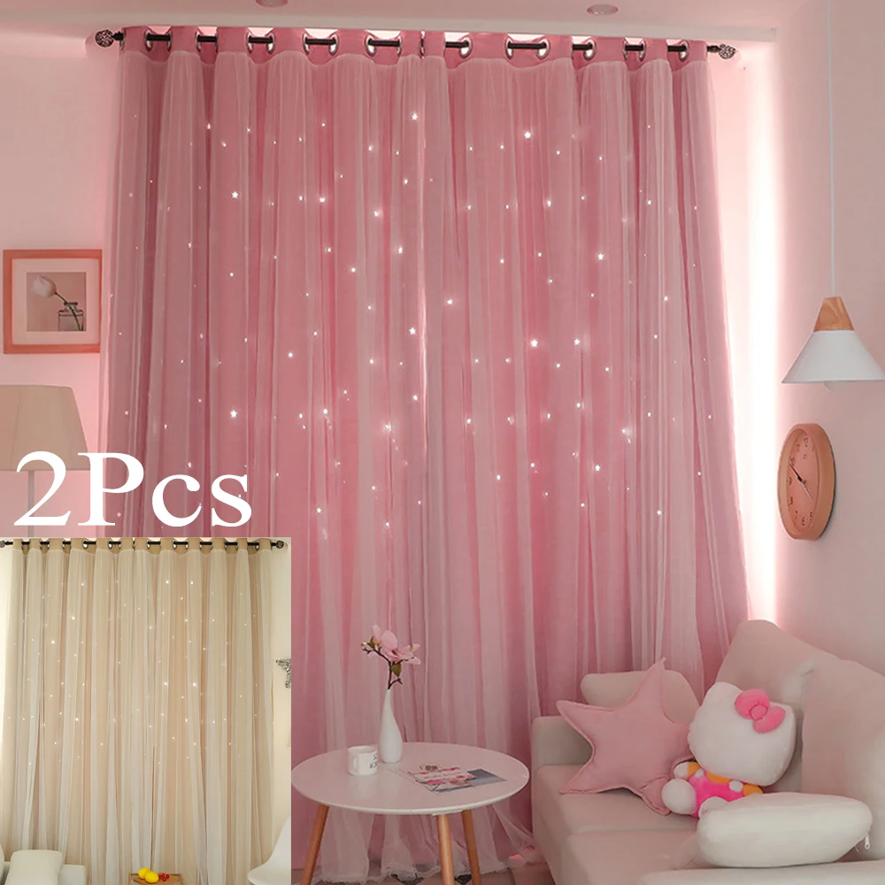 1/2Pcs Stars Blackout Curtains Double Layer Romantic Pink Tull Curtain for Living Room Girl's Bedroom Window Drapes Decoration