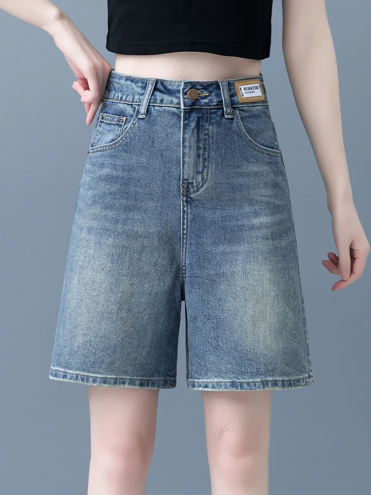 

Женские летние джинсы с высокой талией и широкими штанинами, новый стиль, свободные, укороченные, из хлопка, эластичные, джинсовые, повседневные, для отдыха и путешествий