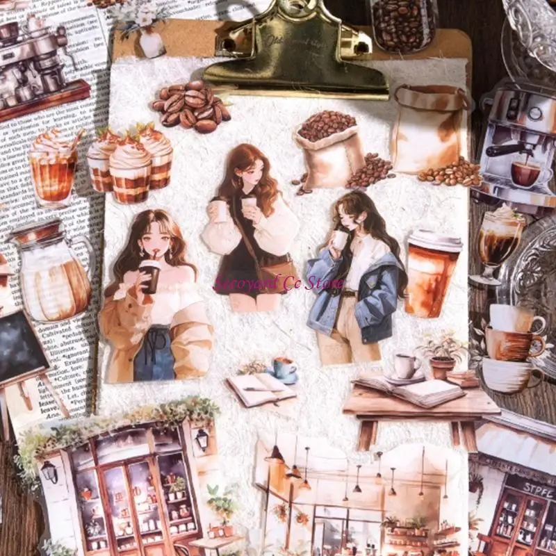 

N3UC 30 Sheets Coffee Girl Character Sticker Scrapbooking Sticker Laptop Decal Sticker Coffee House Series Decorative Sticker