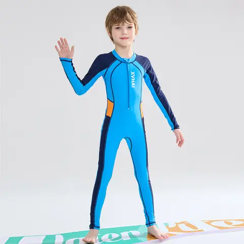 Bañador de manga larga para niño y adolescente, traje de baño de cuerpo completo de una pieza, ropa de playa para surf y esnórquel