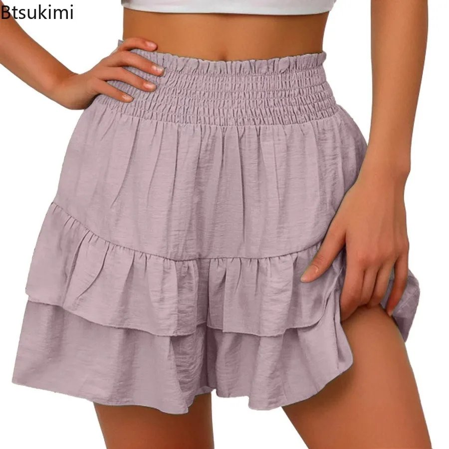 Nueva minifalda lisa con dobladillo con volantes para mujer, culotte plisado con diseño en capas, estilo de vacaciones, pantalones cortos sexys bohemios para mujer