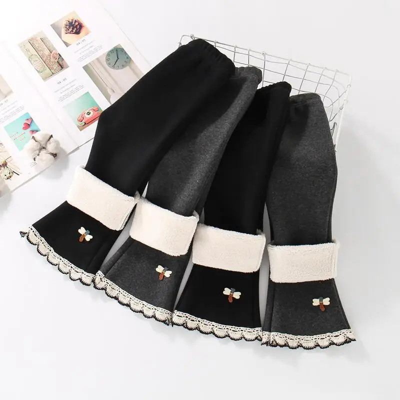 2025 بنطال بناتي خريف شتاء دافئ سميك جرس قيعان مرونة الخصر السراويل الطويلة ملابس مريحة للأطفال 4-8 سنوات #3