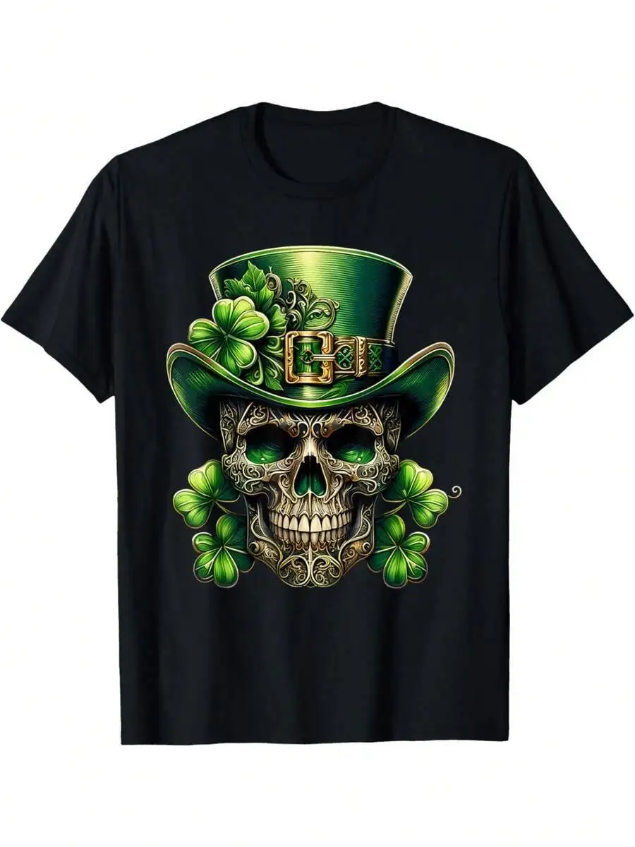 Sugar Skull St Patrick Day Of The Dead Lucky Shamrock T-Shirt 100% Cotton Trendy Y2K Short-Sleeve Tee-Soft, Quick-Drying,