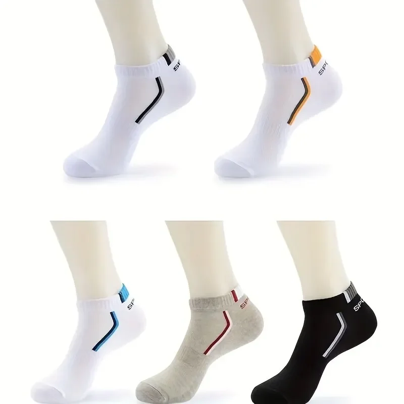 5pairs Men\'s Fashion Sports Socks, Striped Cotton Sweat Absorption Breathable Comfortable Ankle Socks