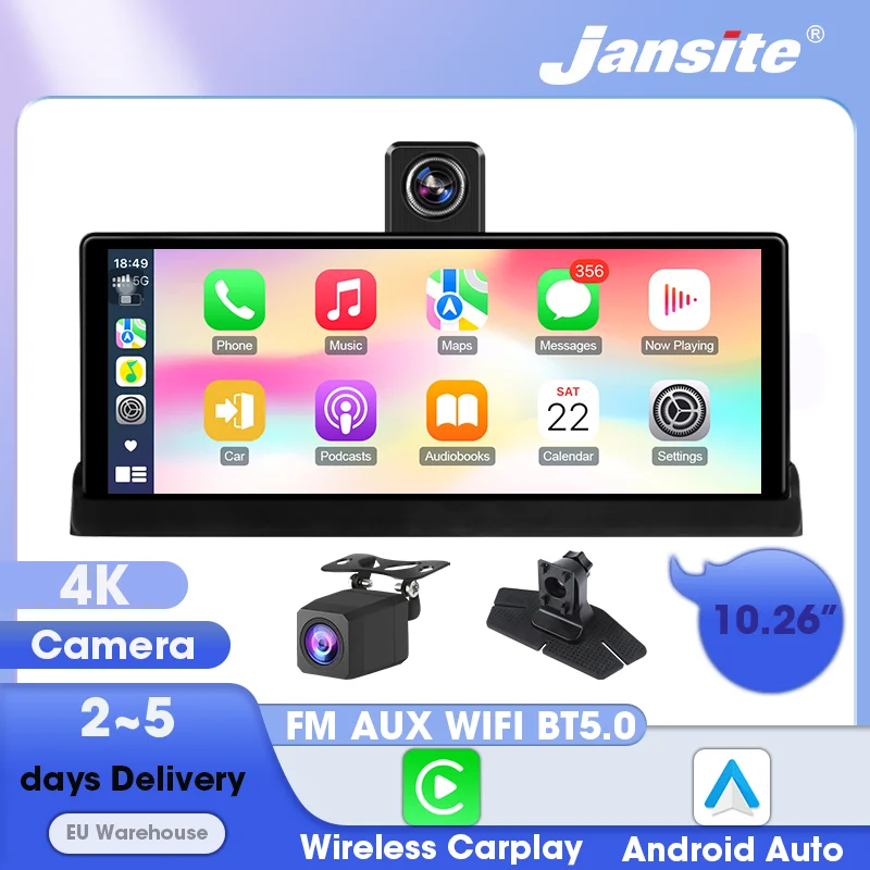 Jansite 10,26-calowy ekran CarPlay Bezprzewodowy Apple CarPlay Android Auto Przenośny odtwarzacz samochodowy 4K DVR Kamera na deskę rozdzielczą Nawigacja GPS Kamera cofania 5G WiFi Bluetooth Mirror