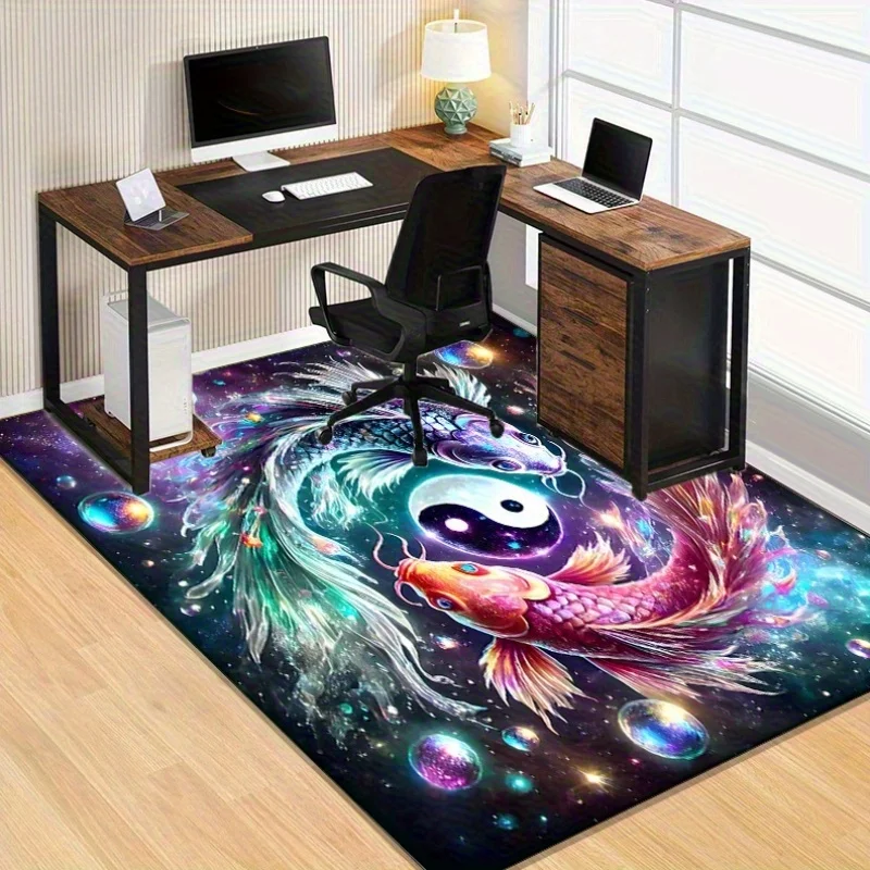 Cosmic Koi Fish Yin Yang Rug for Office Space, Galaxy Themed Carp Carpet with Spiritual Energy, Desk Mat Ideas Machine washable