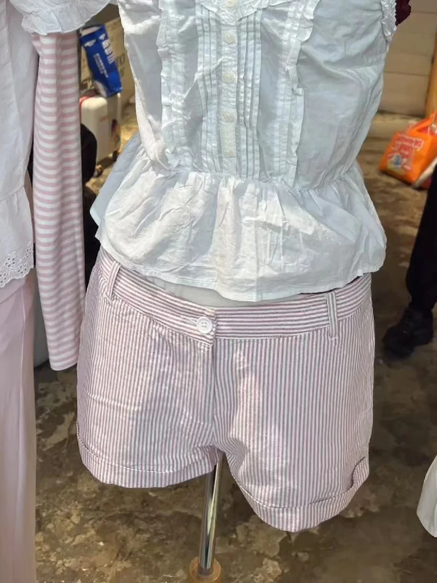 

New Pink Striped Straight Shorts Woman Summer Low Waist Cotton Vintage Short Pant Casual Sweet Cute Preppy Style Sweatshorts Y2k
