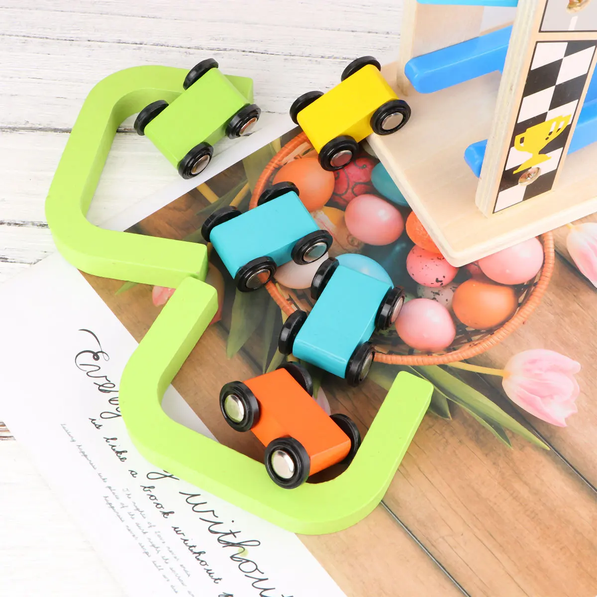 

1Set Wooden Gliding Car Educational Racing Inertia Plaything Colorful Cartoon Pattern Safe Round Corner Kids Wood Track