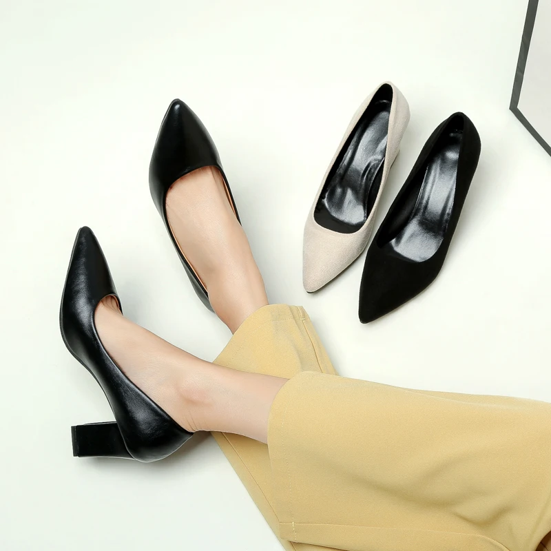 New Women Pumps Flock Sweet Thick High Heels Female Sexy Office Pointed Toe Dress Work Pump Cute Shoes Ladies Footwear