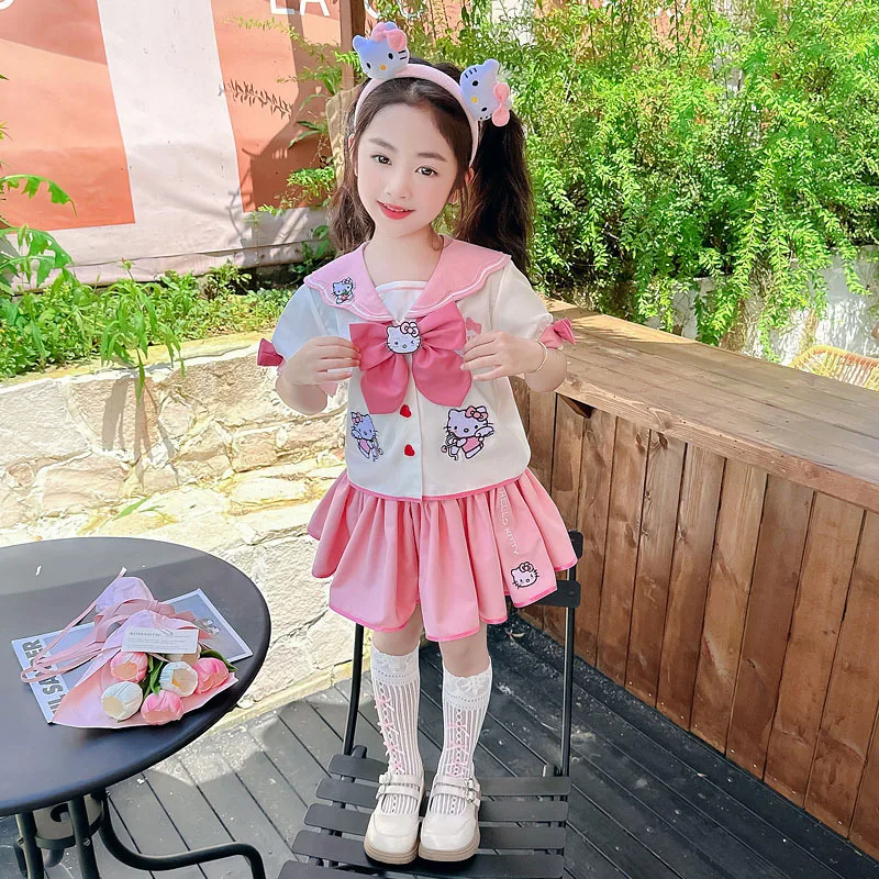 Kawaii Hello Kittys Girls Jk Skirt Suit Summer Kids Preppy Short Sleeve Pleated Skirt Two Piece Set Fashion Princess Style Skirt