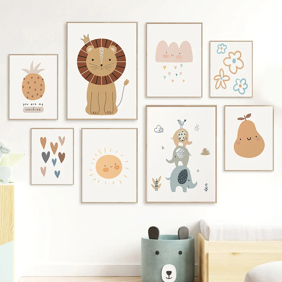 Lion Elephant Sun Pineapple Heart Flower Wall Art Canvas Painting Nordic Boho Beige Posters Prints Pictures Baby Kids Room Decor