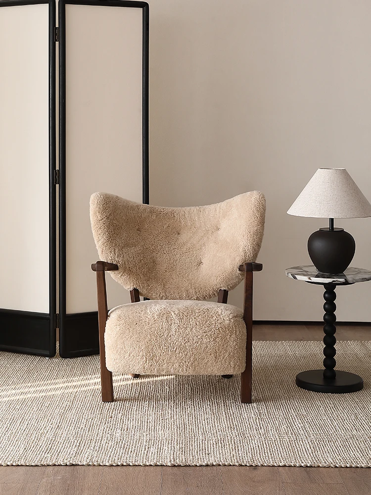 

Woolf LeisureRetro Solid Wood Medium Antique Lamb Fleece Premium French Single Sofa Chair Living Room Furniture