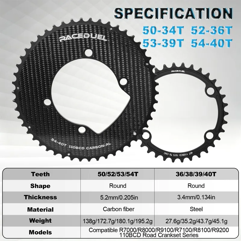 RACEDUEL Carbon 110BCD Double Chainring for Shimano R7000 R8000 R9100 R7100 R8100 Road Bike Ultralight Chainwheel 50/34T 53/39T