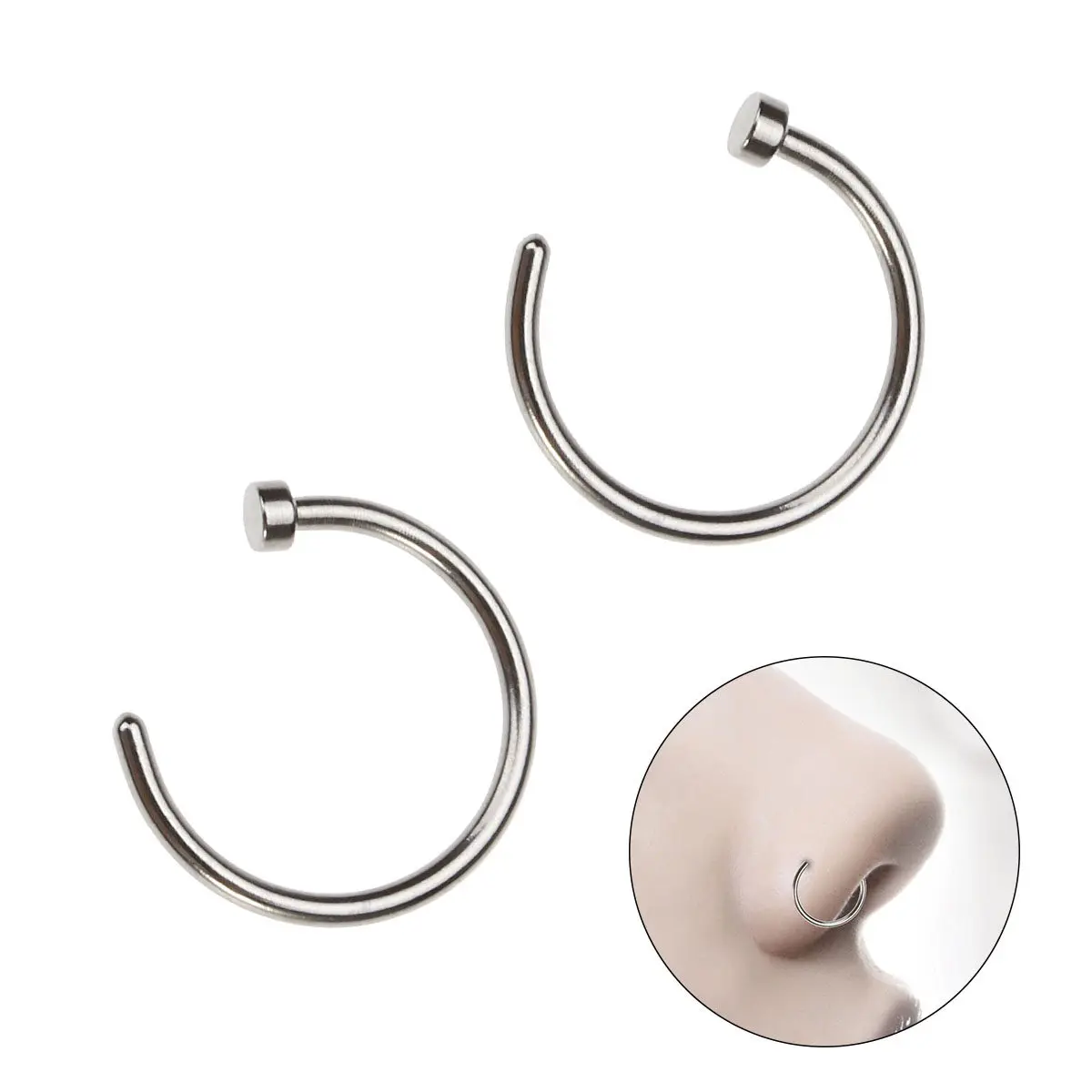2Pcs Premium Surgical Titanium Steel Nose Hoop Ring C Shape Easy Insert Comfortable Smooth Polished Unisex Nose Piercing Silver
