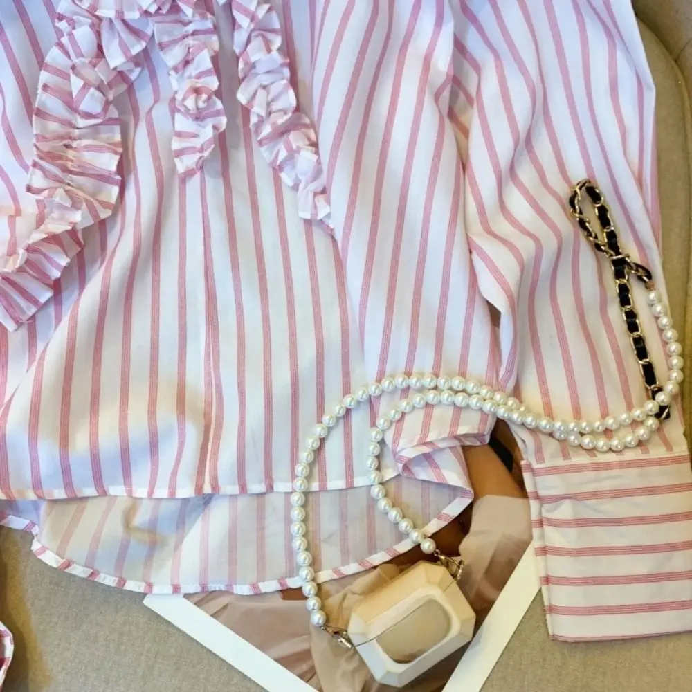

Fashion Sweet Pink Stripe Blouse Ruffle Tassel Long Sleeve Shirts Loose Curved Hem Deep V Flouce Shirt Beach