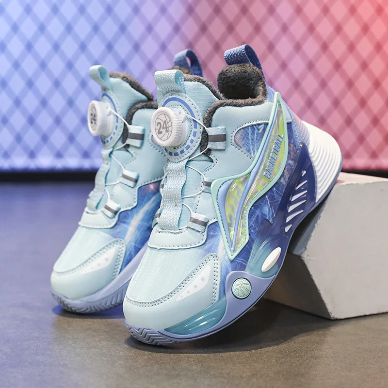 

Boys' fleece warm cotton shoes children's winter training basketball shoes swivel buckle waterproof and anti-slip sports shoes