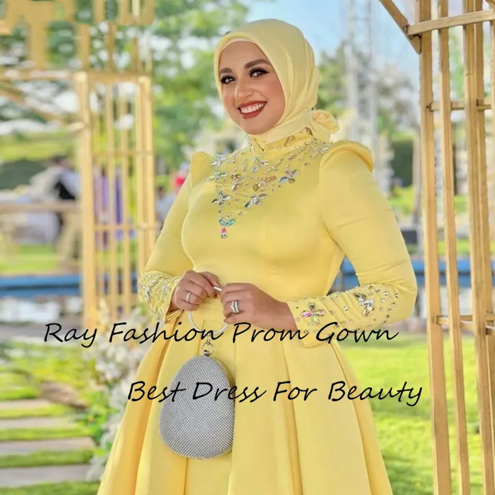 Gaun Prom garis A anggun Satin dengan lengan panjang leher tinggi kristal dengan gaun malam Formal gaun malam