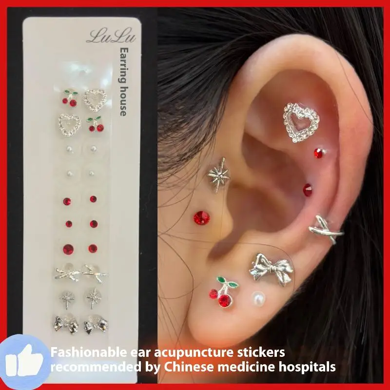 20pcs/Sheet Heart Cherry Bow Rhinestone Ear Point Stickers Ear Pressure Stick Acupuncture Magnetic Beads Auricular Ear Stickers