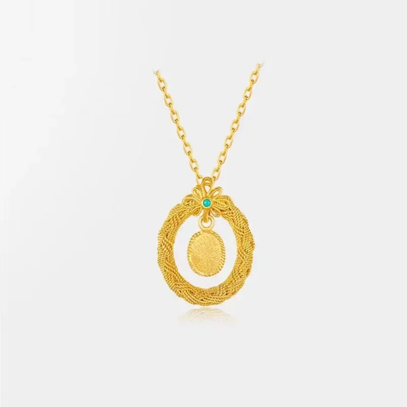 9999 asli emas 24K kuning emas kuno filamen Fengyi liontin Retro wanita elegan Fengyi kalung