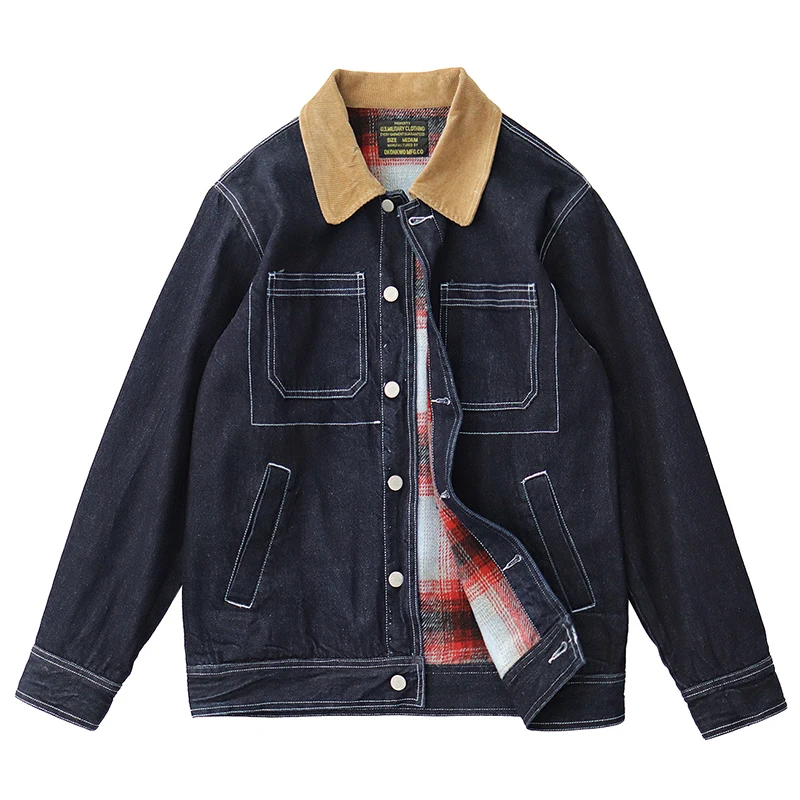 

Contrast Color Lapels Jacket Amekaji Wear Clothes Washed Striped American Vintage Fleece-Lined Thickening Denim Jacket Men