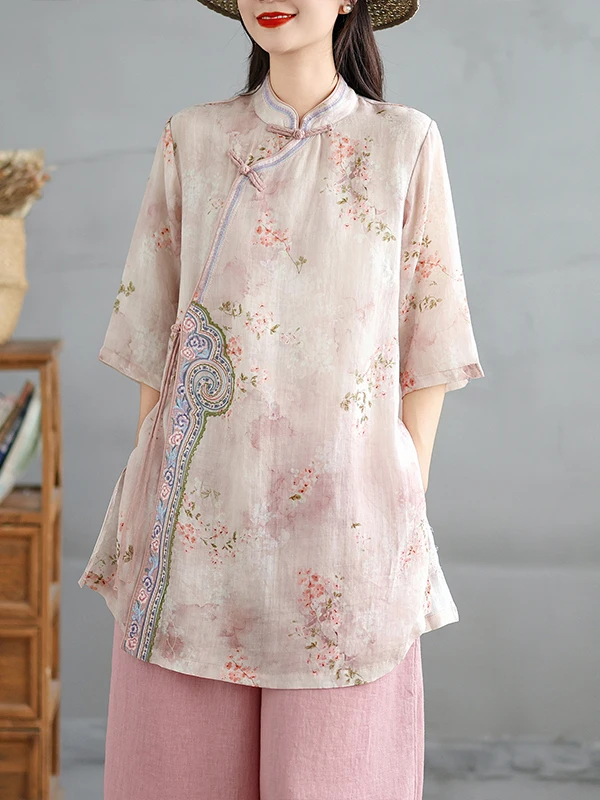 

Retro Embroidered Loose Fit Linen Print irt Women's Summer 2025 Mid-Length irt Ele Aosphere Large Size
