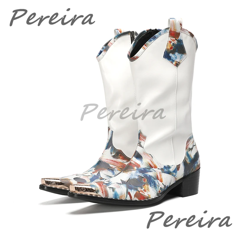 

White Genuine Leather Chelsea Boots for Men Fashion Mixed Colors Metal Pointy Toe High Heel Calf Boots British Style Dress Shoes