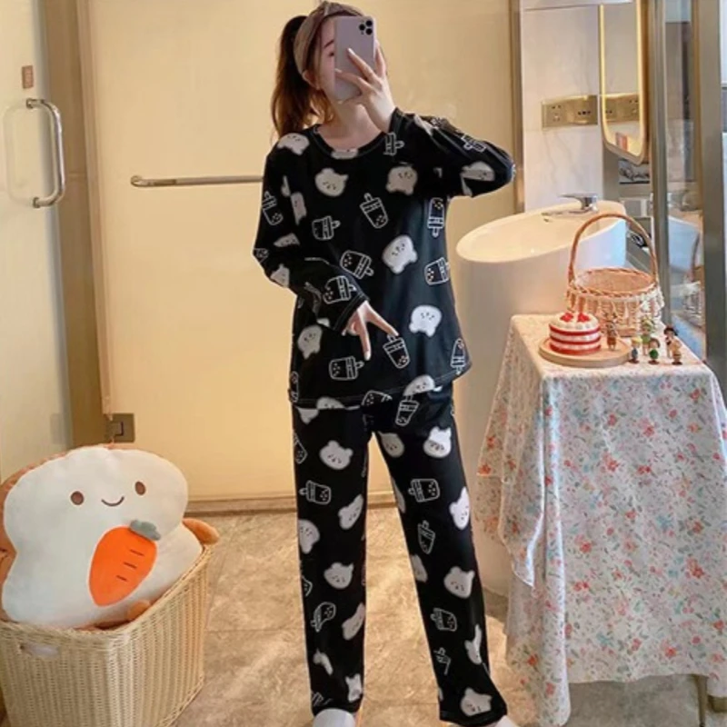 2PCS/Set Young Girl Spring and Fall Pajamas Long-Sleeved Fashion Casual Simple Cartoon Bear Print Homewear Floral Women Clothes