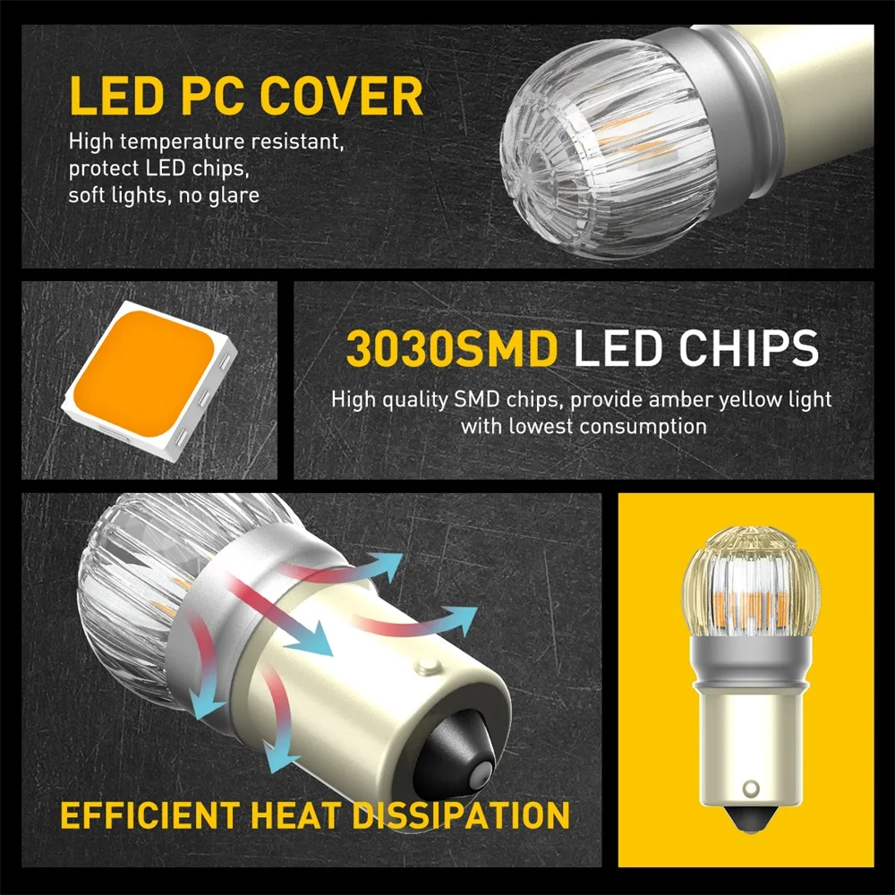 2X AUXITO 300% مصباح LED أصفر ساطع 1156 P21W BA15S BAY15D T20 7440 W21W 7443 بدوره عكس DRL Canbus أضواء الإشارة 12V 3030SMD 360
