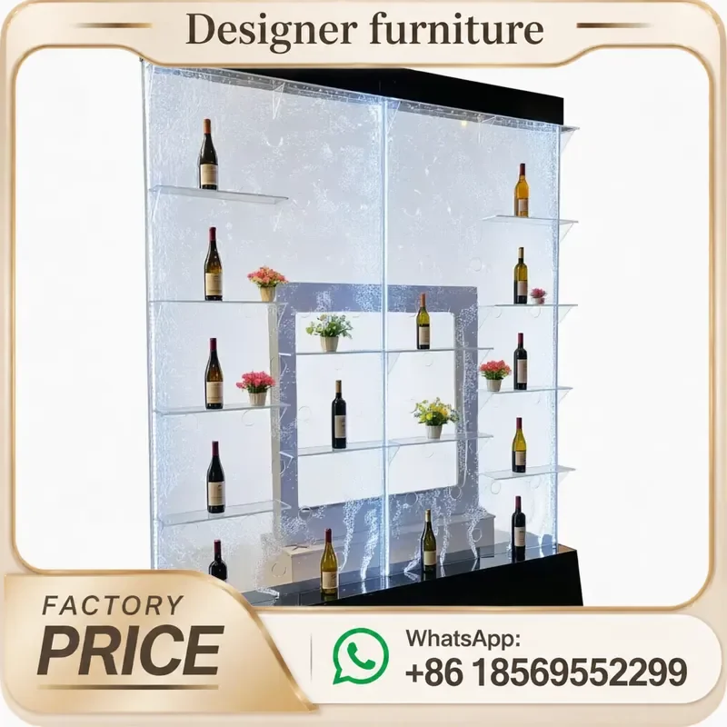 Modern Clear Acrylic LED Water Feature Wall With Wall Mounted Wine Shelf for Home Bar Indoor Luxury Decoration